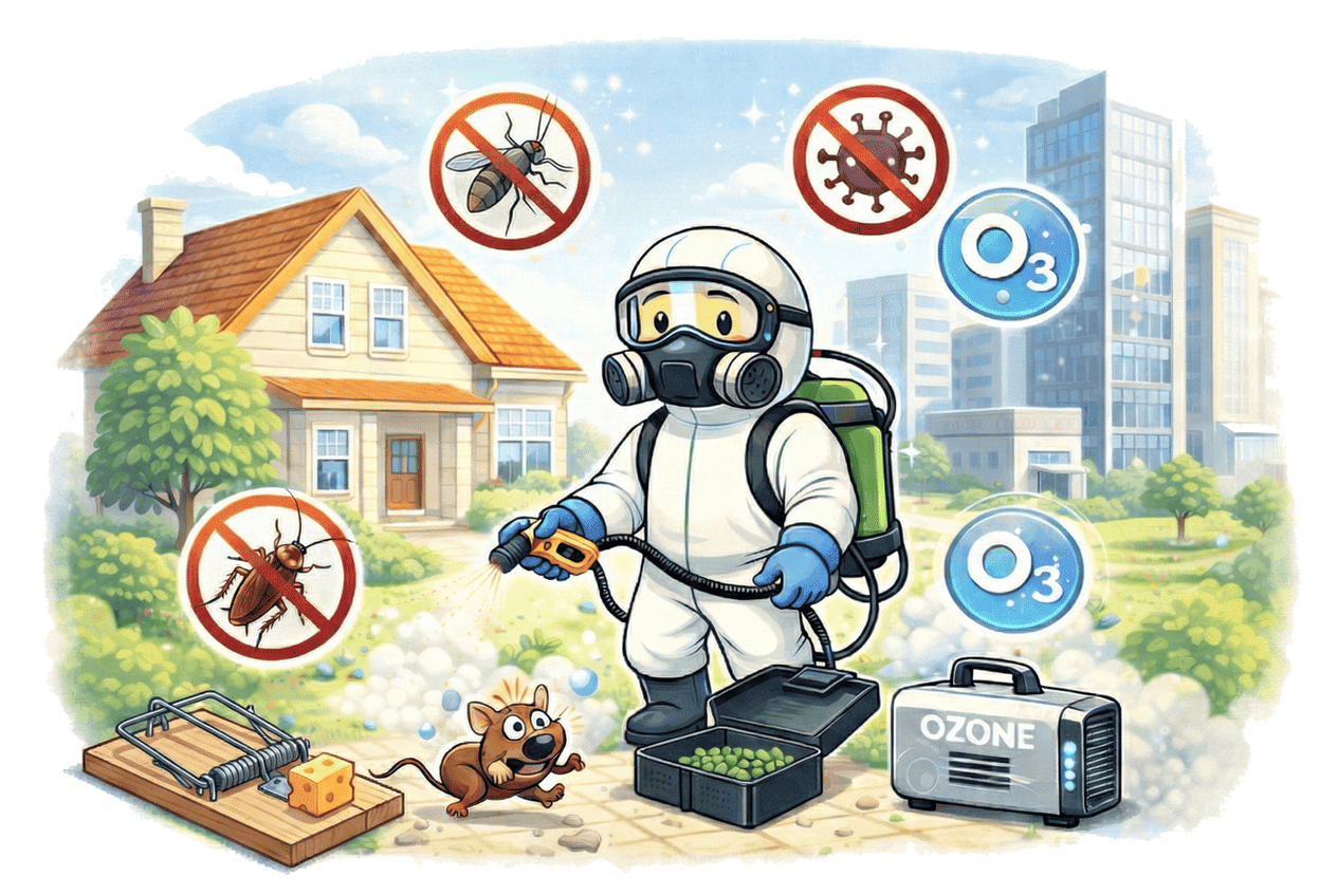 Profesjonalista wykonujący zabieg dezynfekcji i ozonowania w odzieży ochronnej