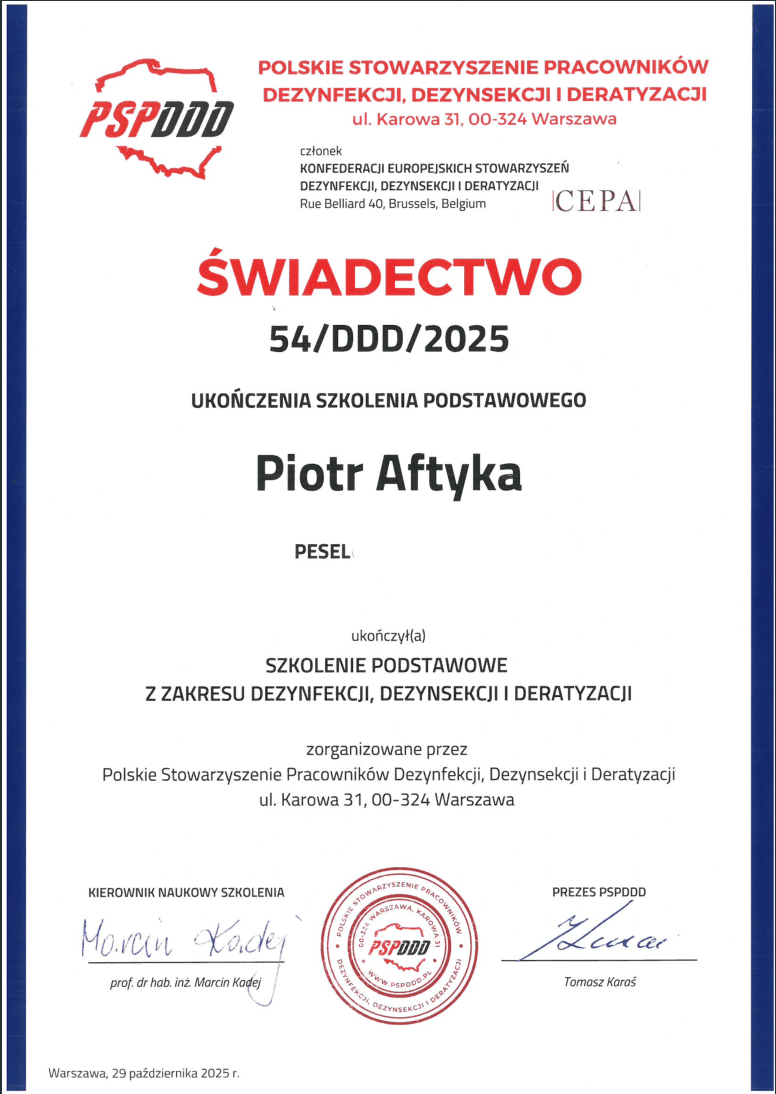 Świadectwo ukończenia szkolenia podstawowego z zakresu Dezynfekcji, Dezynsekcji i Deratyzacji
